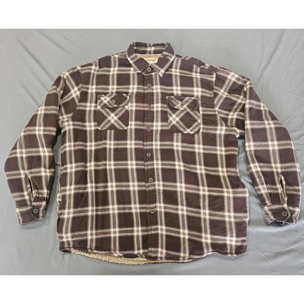 Wrangler Flannel Shirt Mens XL Brown Plaid Sherpa Lined Jacket Heavy